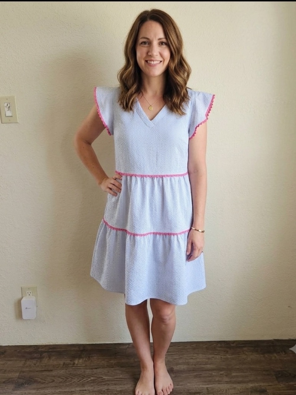 Andree By Unit Blue And White Pinstriped Pink Trim Baby Doll Tiered Mini Dress M